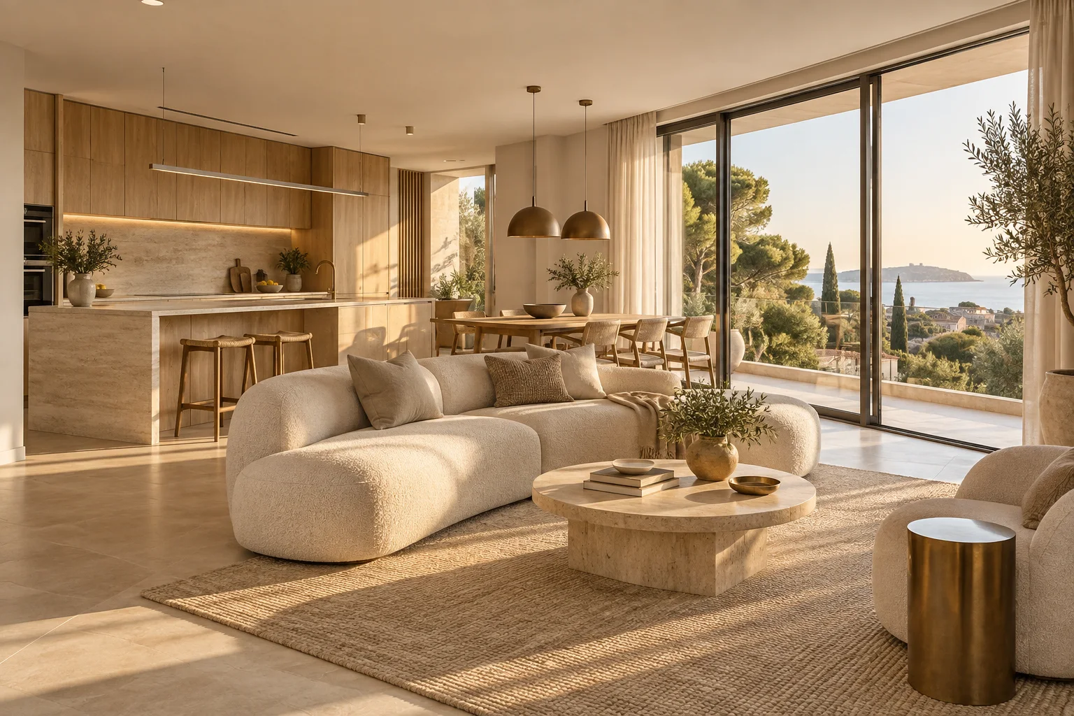 Propuesta conceptual de salón y cocina con madera natural, piedra clara y luz mediterránea